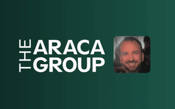 The Araca Group logo with bold white text on a dark green background, featuring a small square photo of Mike Rego on the right.