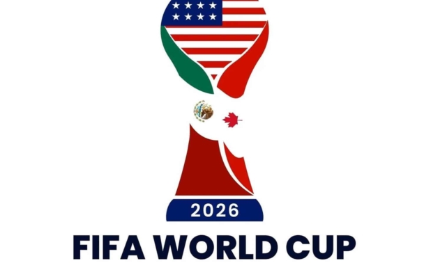 Stylized trophy with U.S., Mexican, and Canadian flags, and the year 2026, above the text FIFA World Cup and United States - Canada - Mexico. Represents the 2026 FIFA World Cup hosts.