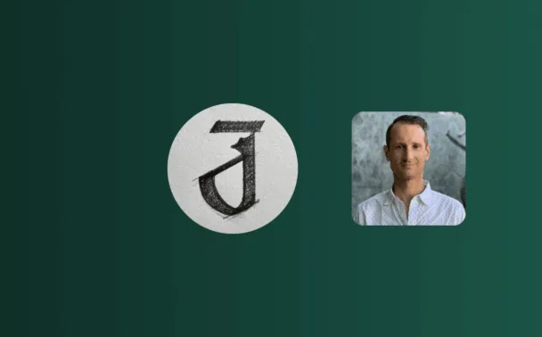 A hand-drawn letter J in a white circle is on the left, and a man in a white shirt stands in front of a gray background on the right, both on a green background.
