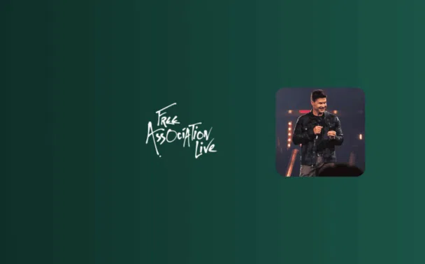 A dark green background with the words Free Association Live in handwritten white text on the left, and a photo of a man speaking on stage with a microphone on the right.