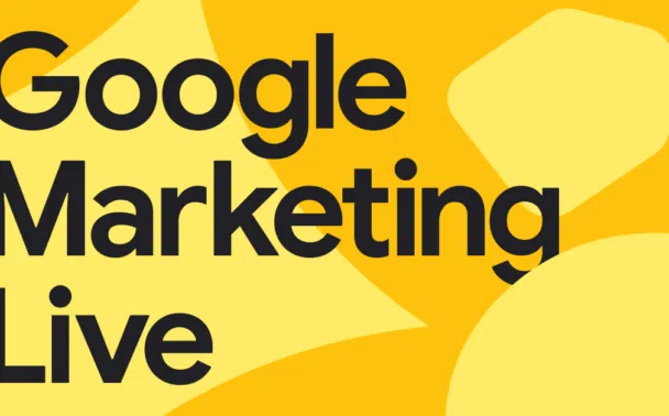 Bold black text reads “Google Marketing Live” on a bright yellow background with abstract light yellow shapes.