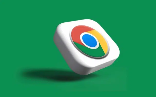 A 3D white rounded square featuring the Google Chrome logo in the center, floating above a green background with a shadow beneath it.