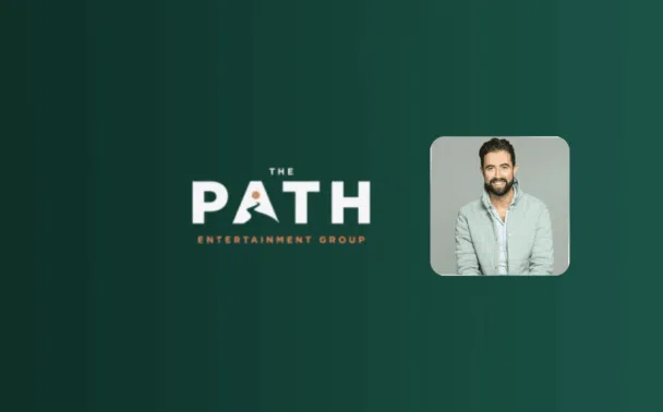 The Path Entertainment Group logo on a dark green background, with a small photo of a smiling man in a light green jacket and striped shirt on the right.