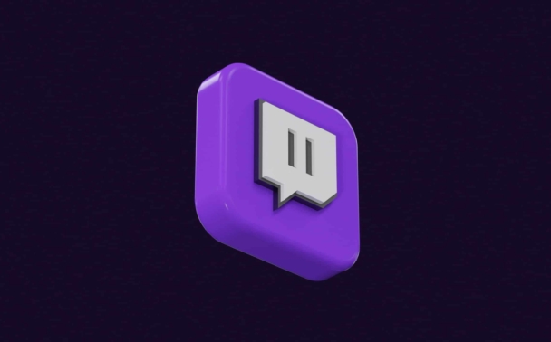 3D purple Twitch logo icon with a white speech bubble and stylized glitch symbol, shown on a dark purple background.