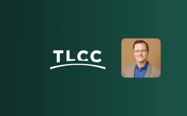TLCC logo on a green background, with a headshot of a smiling man wearing glasses, a blue shirt, and a plaid blazer on the right side.