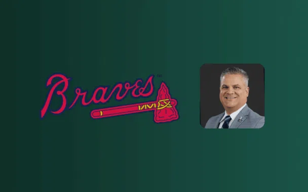 Atlanta Braves logo in red and blue on a green background with a tomahawk. To the right, theres a headshot of a smiling man wearing a gray suit, white shirt, and striped tie on a dark background.