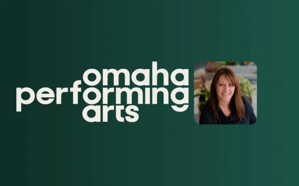 Omaha Performing Arts logo next to a headshot of a smiling woman.