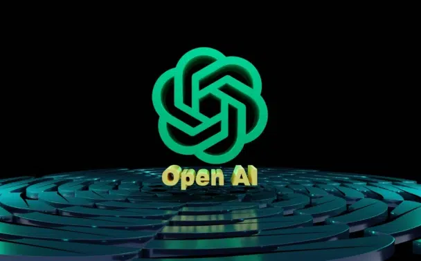 Green OpenAI logo floating above a circular, metallic, concentric pattern against a black background.